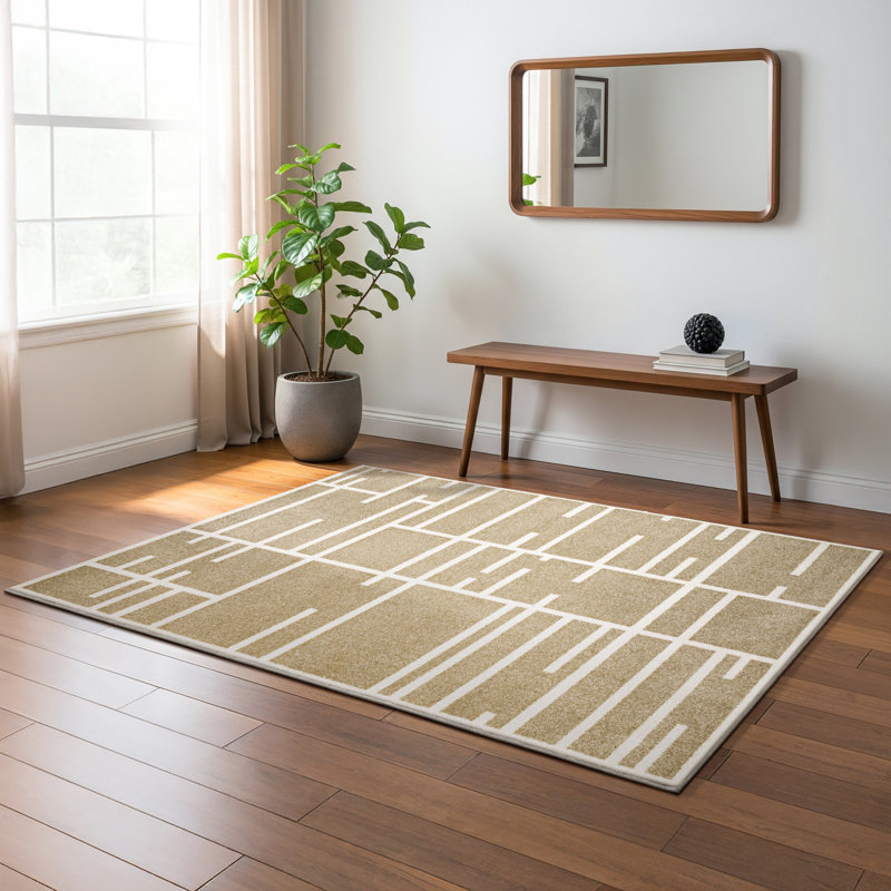 Hennings Geo Blocks and Line Beige/ Ivory Area Rug, Rectangle 5'3" x 7'