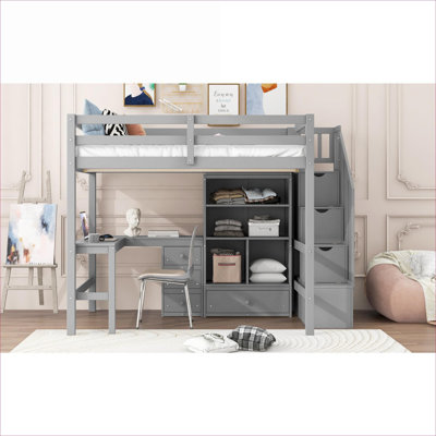 Full Size All-In-One Loft Bed Solid Pine With L-Shaped Desk And Built-In Storage Neutral Gray