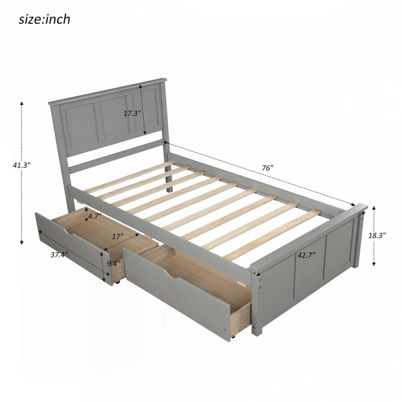 Lit en bois avec rangement, 2 tiroirs avec roulettes, gris