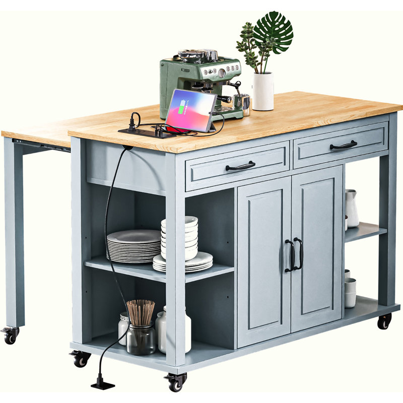 47 inch Kitchen Island with Extendable Dining Table, Rubber Wood Veneer Kitchen Table with Internal Storage Rack, Power Outlet, Kitchen island with Storage 2 Drawers 2 Cabinet