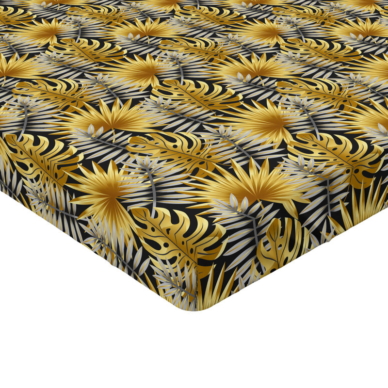 Ambesonne Nature Fitted Sheet Leaves Botanical Style Art, Full Fitted Sheet, Mustard/Charcoal Gray Floral