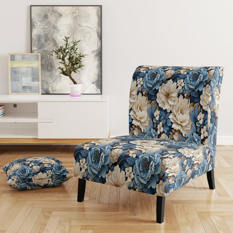 Toile florale exotique bleue et blanche - Fauteuil de chambre rembourré de style campagnard, fauteuil d'appoint floral rustique