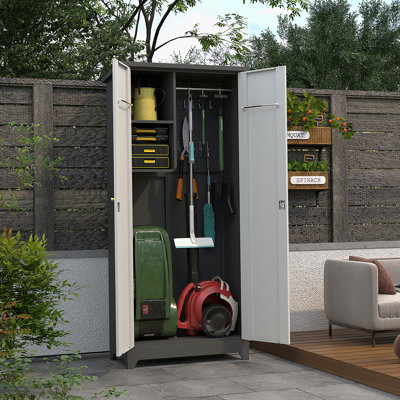 Metal Outdoor Cabinet, Made Of Stainless Steel, Large Capacity, Secure Lock For Anti-Theft, Waterproof And Moisture-Proof, With Shelves, Cleaning Tool Storage Cabinet