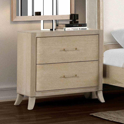 Table de chevet style transitionnel 1Pc Bords courbés Port USB français et anglais Tiroirs à queue d'aronde Poignées en acrylique finition chêne naturel