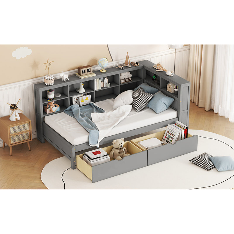 Lit de jour simple avec 2 tiroirs, tablette de rangement et charge, conception en bois gris, capacité de charge de 350 lb en bois, ports de charge, 10 lattes pour le support du lit