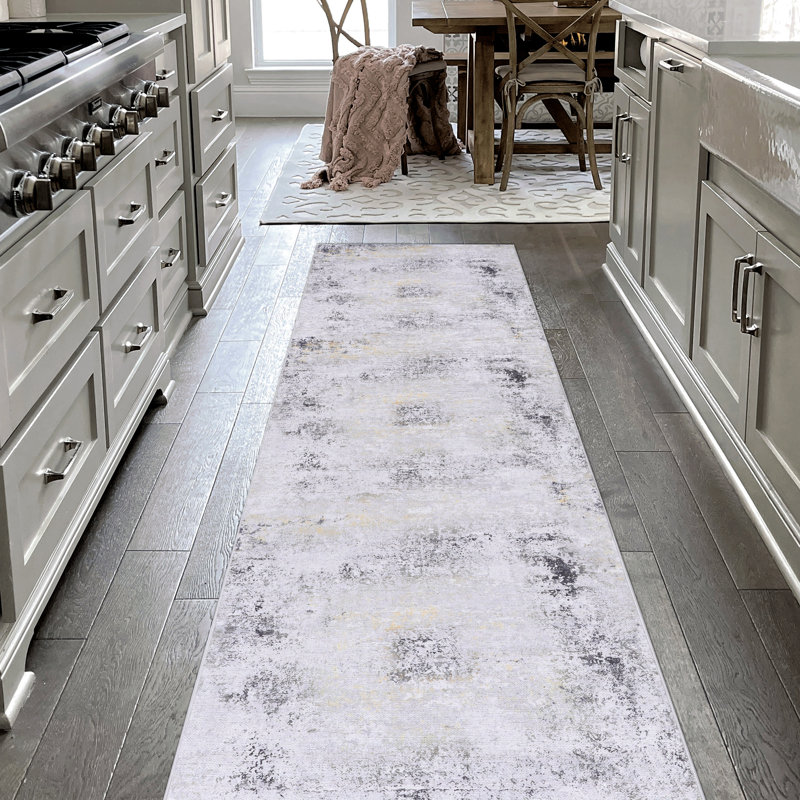 Washable Area 2'6''X10' Rug For Kitchen - Gray Runner Rug, Low-Pile Non-Slip Kitchen, Dining Room, Bedroom