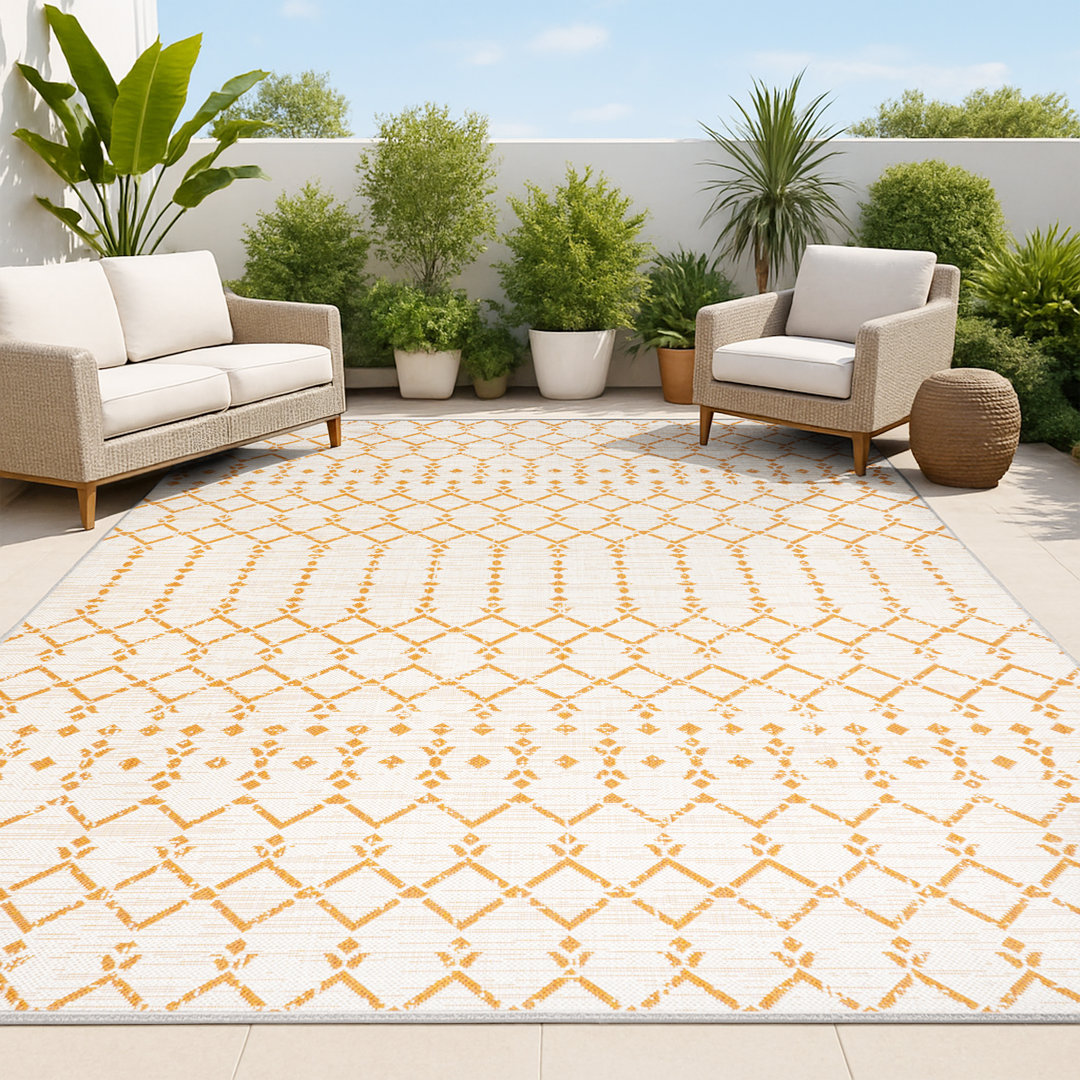 Avag Moroccan Geometric Textured Weave Cream/Orange Indoor/Outdoor Rug Foundry Select Rug 