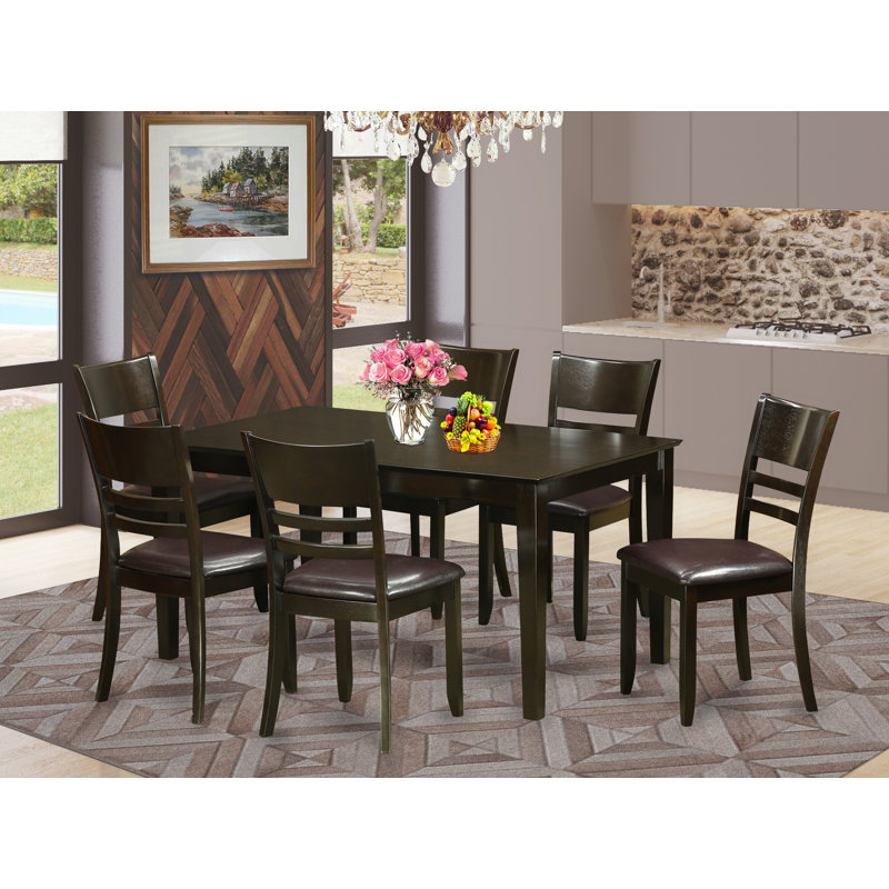 7 Piece Dining Room Furniture Set Consist of a Rectangle Dining Table and 6 Faux Leather Upholstered Chairs, 36x60 Inch, Cappuccino