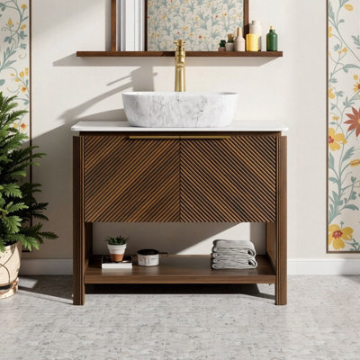Meuble-lavabo de 36 po avec lavabo vasque en céramique, plateau en pierre frittée et armoire de rangement en contreplaqué