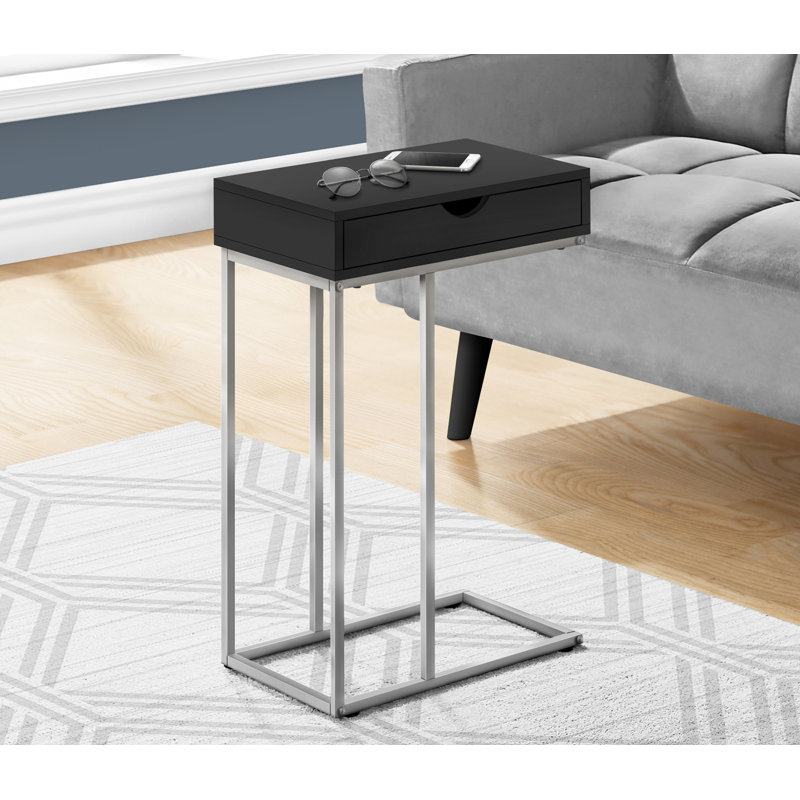 Table d'appoint, en forme de C, bout, côté, collation, tiroir de rangement, stratifié noir, métal gris, Black, Silver