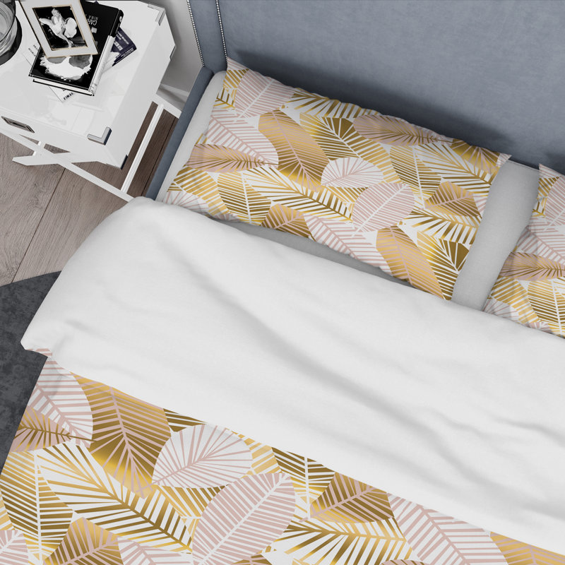 Ensemble de literie de style rétro Mid-Century rétro Art déco, Housse simple + 1 taie décorative, Jaune / feuilles roses