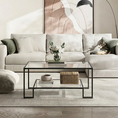 Nancy 39.4" W Rectangle Glass Top Coffee Table with Storage