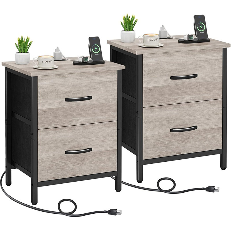 Ensemble de 2 tables de chevet avec station de charge - tables de bout avec prise USB et prise de courant, 2 tiroirs en tissu, grège