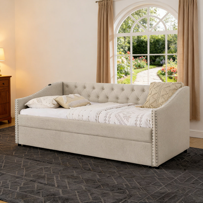 Twin Size Daybed with USB Charging & Pull-out Extendable Bed, with Button on Back and Copper Nail on Waved Shape Arms (81"x42"x30.75")