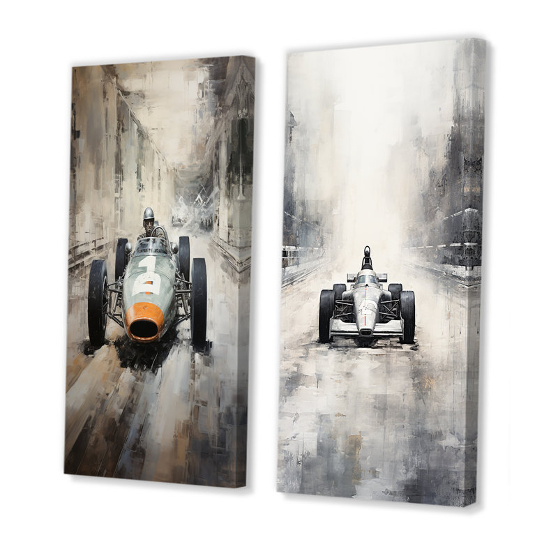 Ensemble de salon mural gris et voiture de course rétro I - Race Tracks, Toile tendue, H 28 po x l 25 po