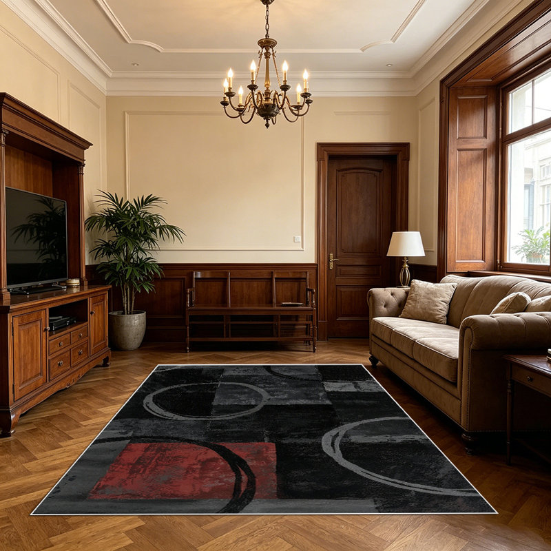 1PC Modern Abstract Distressed Geometric Circle Black Grey Red Print area rugs for Living Room, Soft, All seasons, Easy-maintain, Washable Indoor mat, Farmhouse suitable for for dining table, bedroom, entryway...