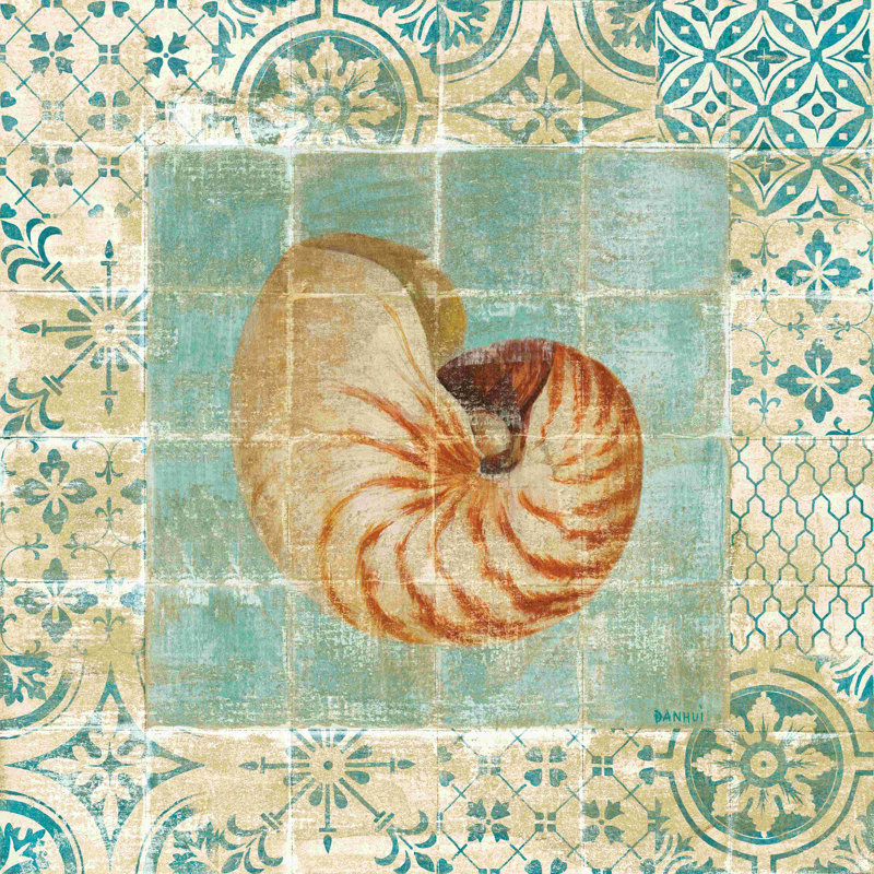 «Shell Tiles III Blue» par Danhui Nai - reproduction d'art sur toile tendue, H 20 po x l 20 po, Imprimé à cadre argenté