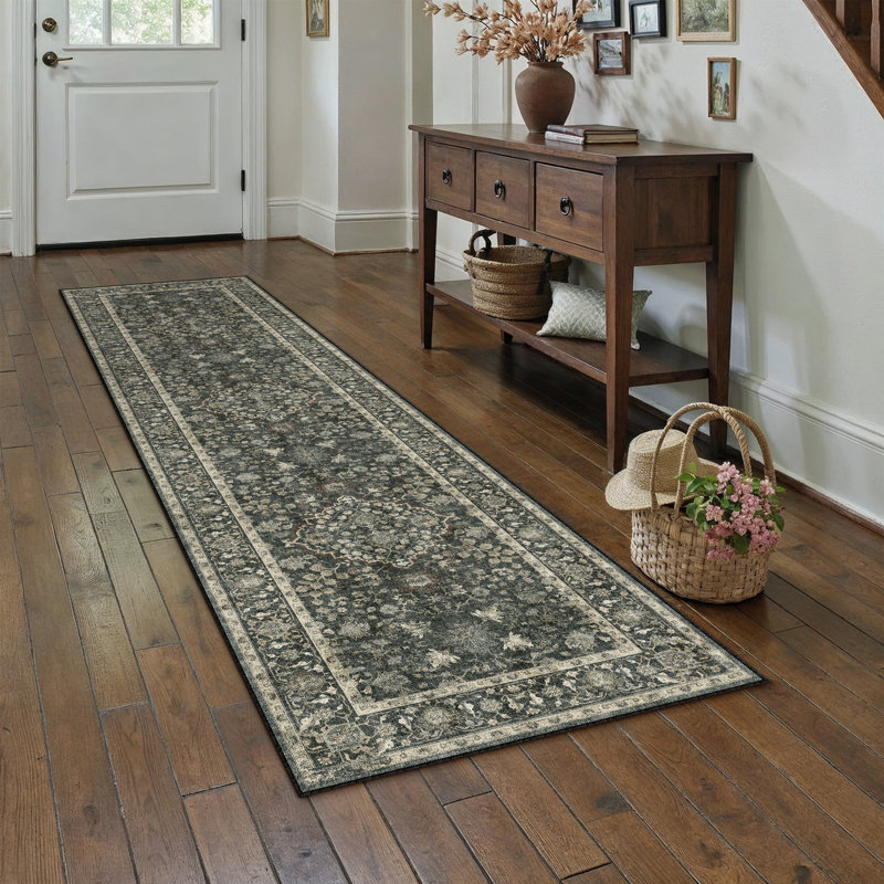 Tapis floral lavable à la machine avec envers antidérapant, Runner 2' x 8', Noir