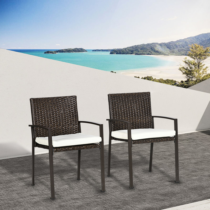 2 chaises de patio pour l'extérieur avec coussin, chaises en PE et coussin blanc crème pour le jardin. Chaise. Crémeux