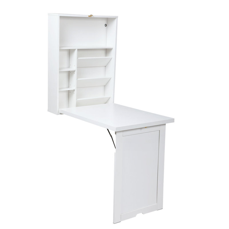 Wall-Mounted Folding Desk, Modern Convertible Fold Out Computer Desk, Foldable Floating Cabinet Table with Multi-Level Storage Shelves for Home, Office, White