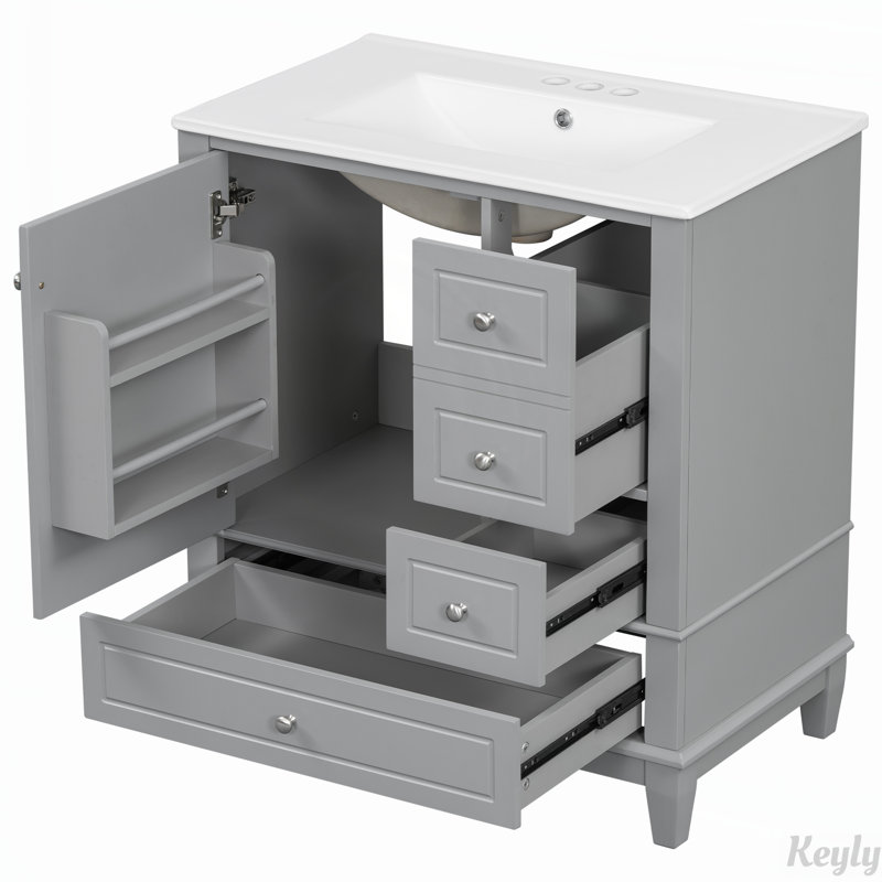Meuble-lavabo 30 po avec lavabo, une porte avec tablette et trois tiroirs, Gris