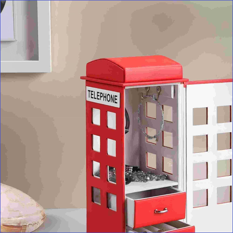 Boîte de rangement pour bijoux, téléphone britannique de 11,5 po de hauteur | Cuir | Rouge, Rouge