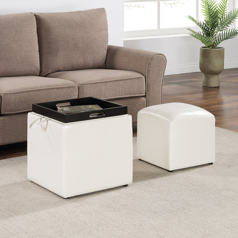 Aihnoa Square Ottoman with Stool and Reversible Tray, Ivory Faux Leather