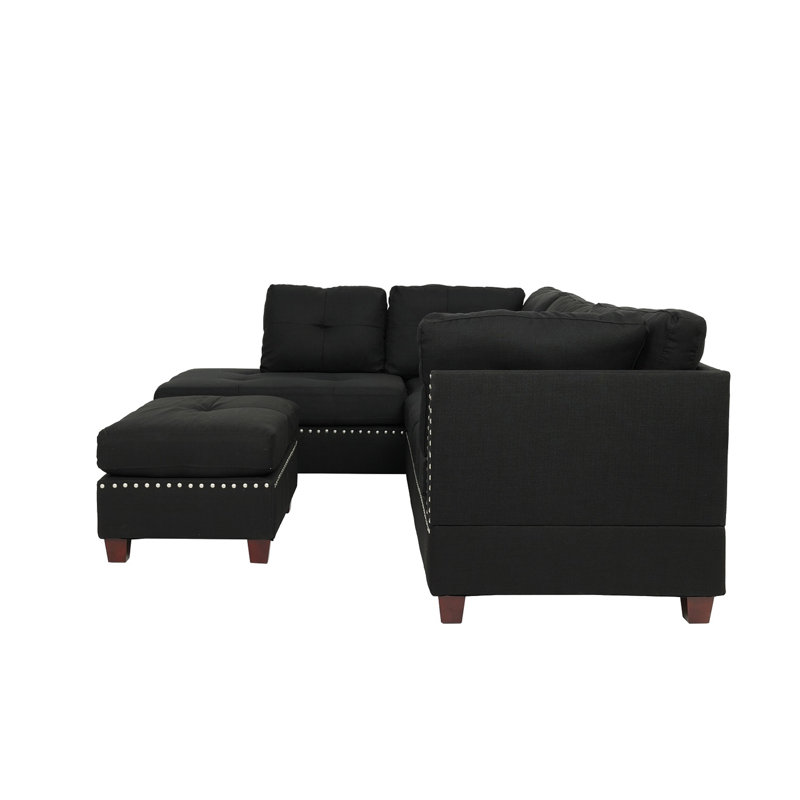 Reversible Polyfiber Sectional Sofa with Ottoman, Black