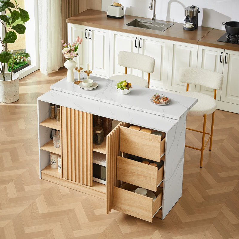 55.1" Kitchen Island With Sliding Table Top, Kitchen Cabinet With Storage And Power Outlet