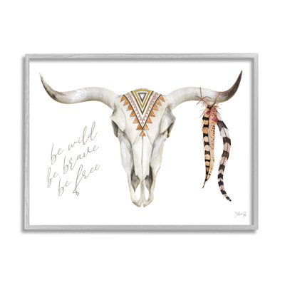 «Be Wild Longhorn Boho Bull», motifs géométriques de plumes noires, estampe numérique encadrée, art texturé par Marla Rae