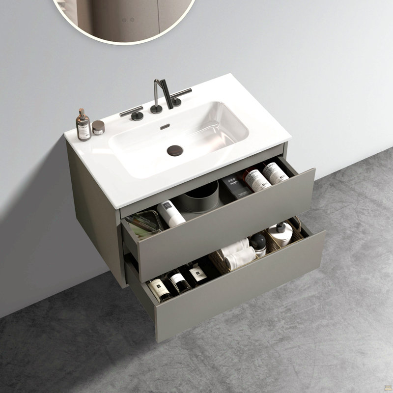 Meuble-lavabo mural gris de 30 po avec lavabo en céramique et trois trous de robinet, grand meuble-lavabo flottant de rangement pour salle de bain moderne, pré-assemblé