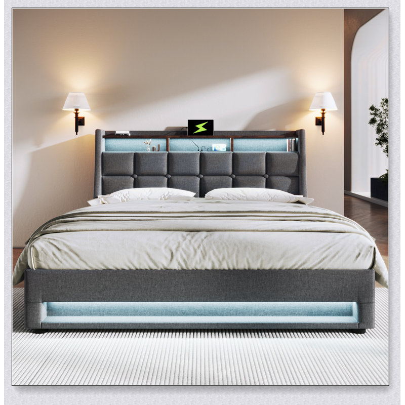 Lit plateforme tapissier avec système de rangement hydraulique, chargement DEL et USB, Gris, Double