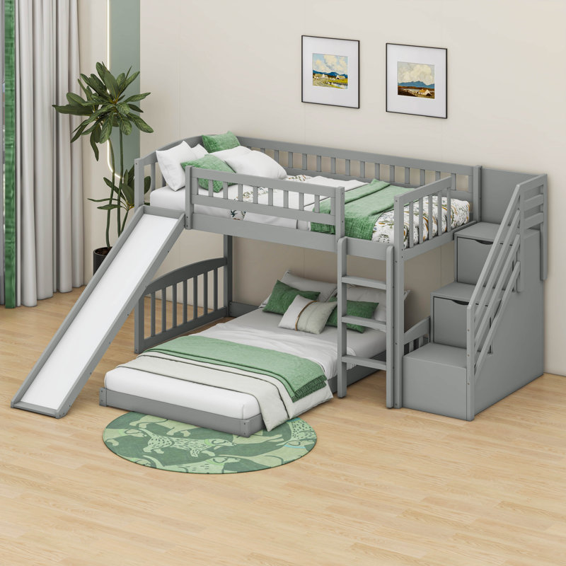 Stairway Twin Over Twin Bunk Bed With Two Drawers And Slide, Grey
