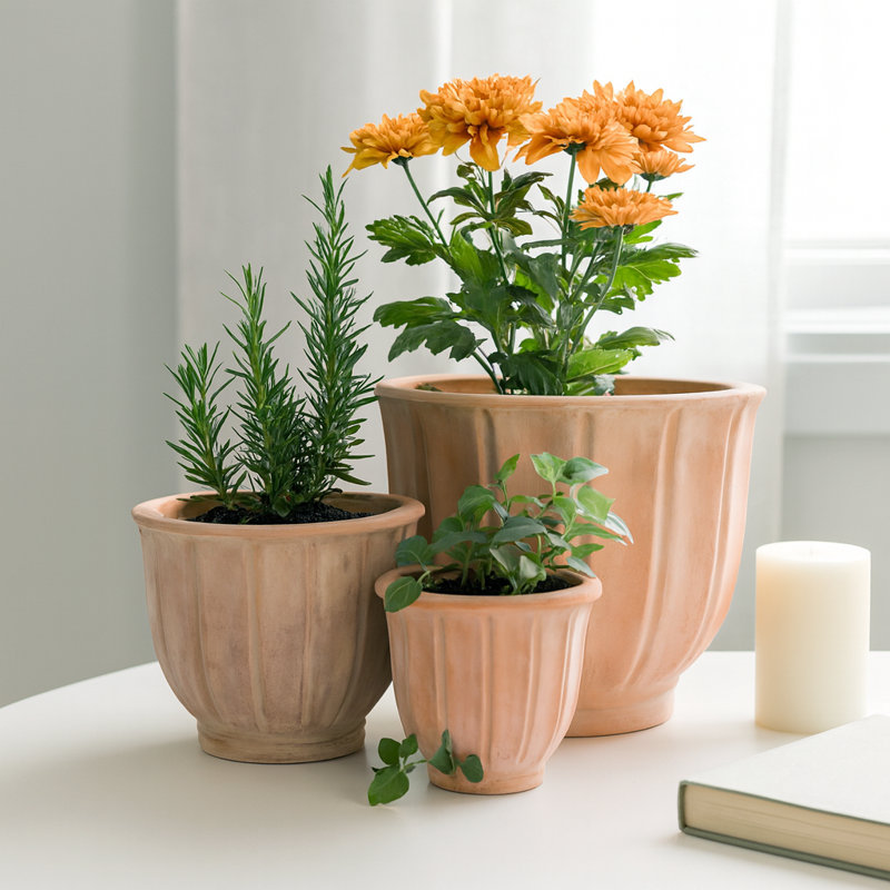 Fluted Ceramic Planter Set for Outdoor & Indoor Planter Styling - Classic Flower Pots for Home Decor in Living Room or Patio - Set of 3, 15", 12", 9"