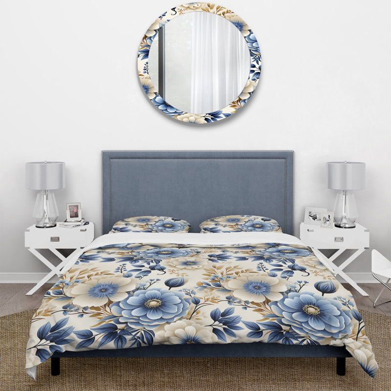 Ensemble de housse de couette Classic Blue Harmony Bouquet, Housse de couette pour très grand lit et 2 très