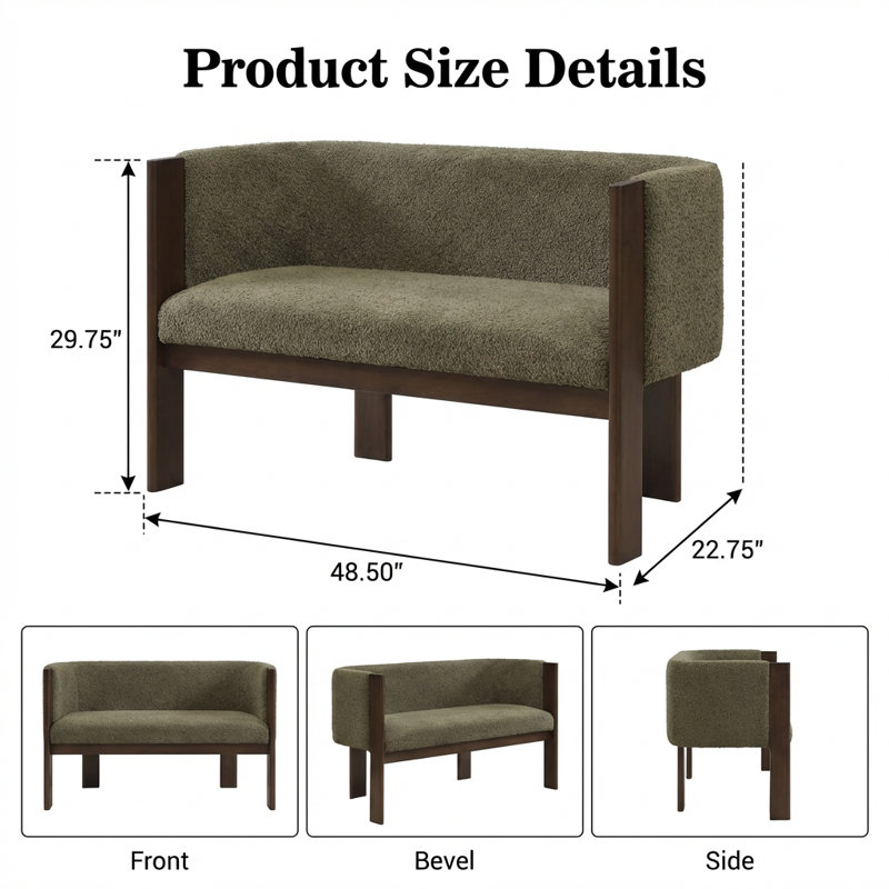 Compact Two-Seater Upholstered Loveseat with Solid Wood Frame and Polyester Fabric, Walnut, Green