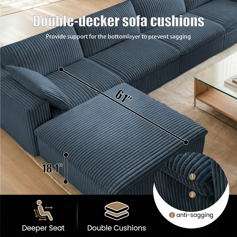 157.6" Oversized Deep Seat Upholstered Couches, Plush Corduroy Modular Sectional Sofa with Ottoman, Fluffy 4-Seater Boneless Couch for Living Room, No Assembly Required