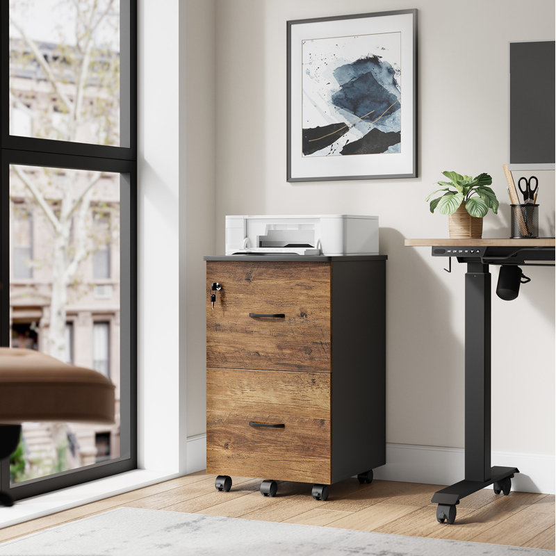 2-Drawer File Cabinet, 16.9'' Wide Locking Filing Cabinet For Home Office, Honey Brown/Ink Black
