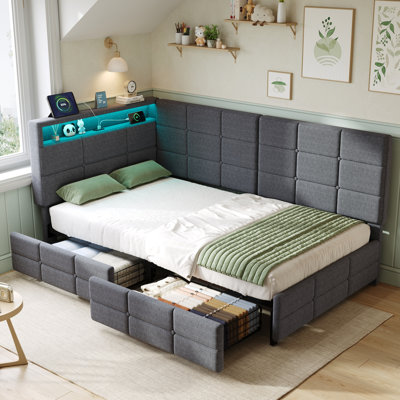 Linen Daybed with Storage Drawers, Charging Station & RGB LED Headboard