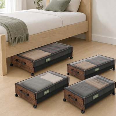 Ensemble de 4 bacs de rangement sous le lit à roulettes, en MDF à grande capacité avec couvercles transparents pour l'organisation de la chambre à coucher
