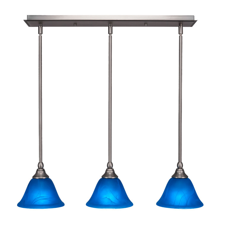 Luminaire suspendu linéaire à 3 lumières avec tige de 7 po, Bleu, Nickel brossé