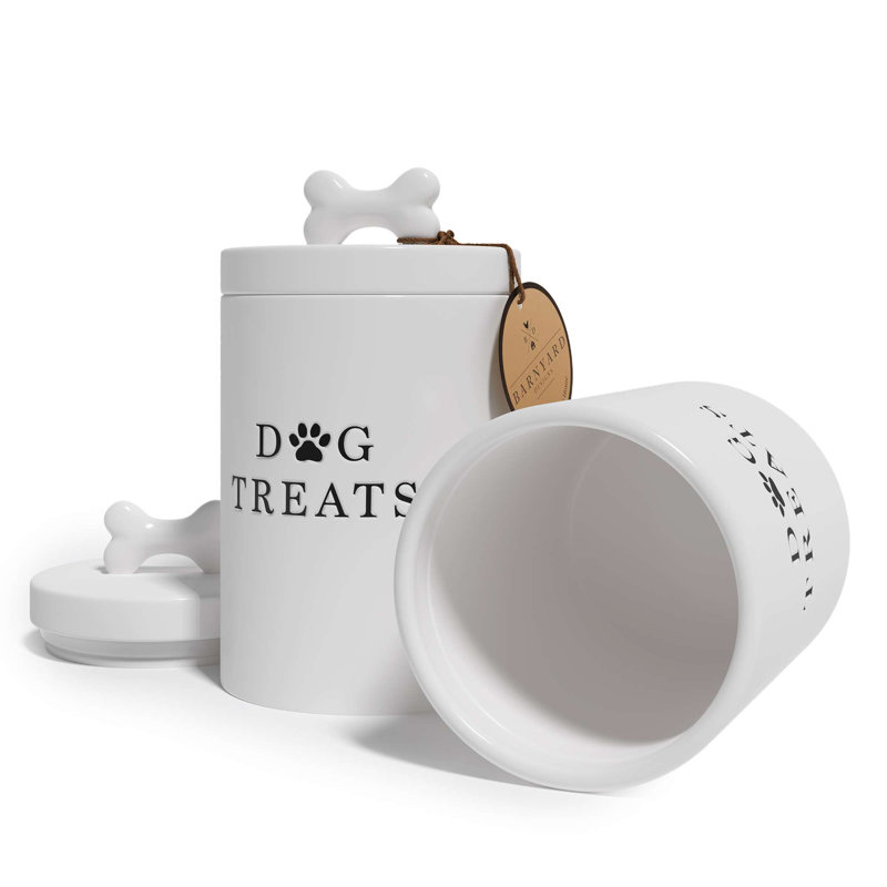 White Ceramic Airtight Dog Treat Jar with Bone Handle