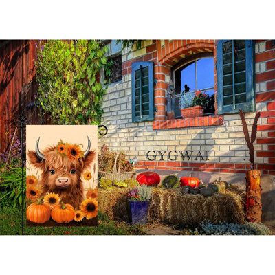 Drapeau de jardin vache d'automne 30 x 45 cm double face, petits drapeaux de jardin citrouille d'automne en toile de jute, décor extérieur rustique de récolte