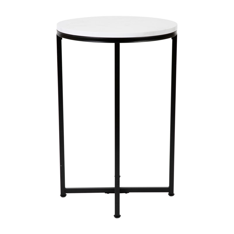 Hampstead Collection End Table - Modern Laminate Accent Table with Crisscross Frame, Matte Black, White Marble
