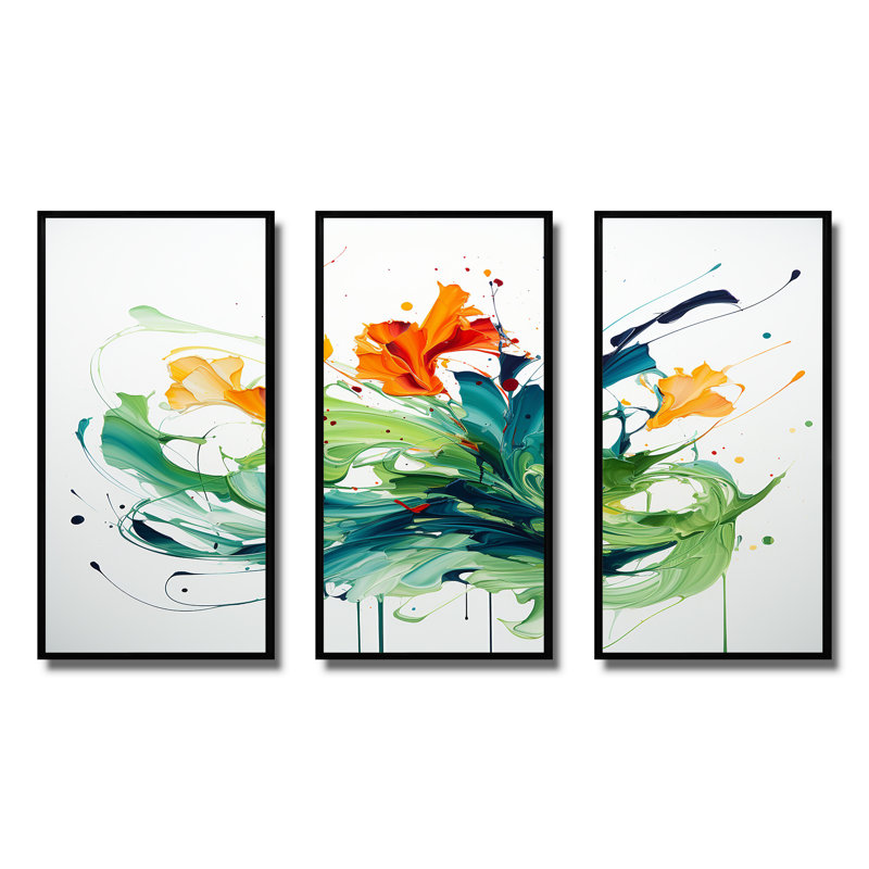 «Green and White Abstract Expression», peinture d'art abstrait IV, H 28 po x l 36 po x P 1 po, Cadre flottant noir
