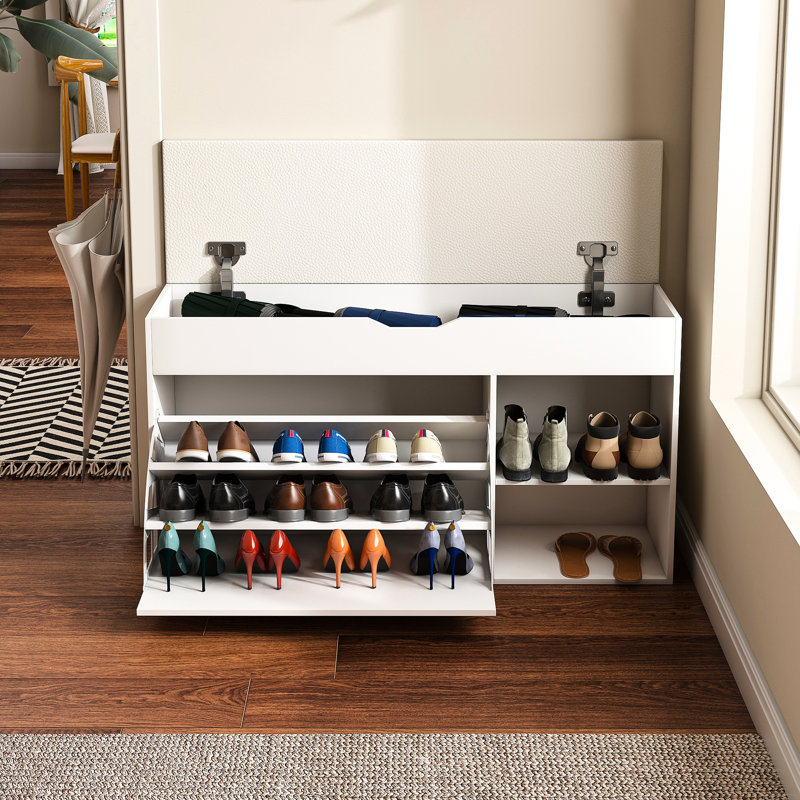 Banc de vestibule moderne avec rangement pour chaussures, conception à trois rangements, 3 tiroirs rabattables réglables, armoire dissimulée, espace de rangement, support rotatif relevable, qualité de fabrication, coussin moelleux pour le couloir et