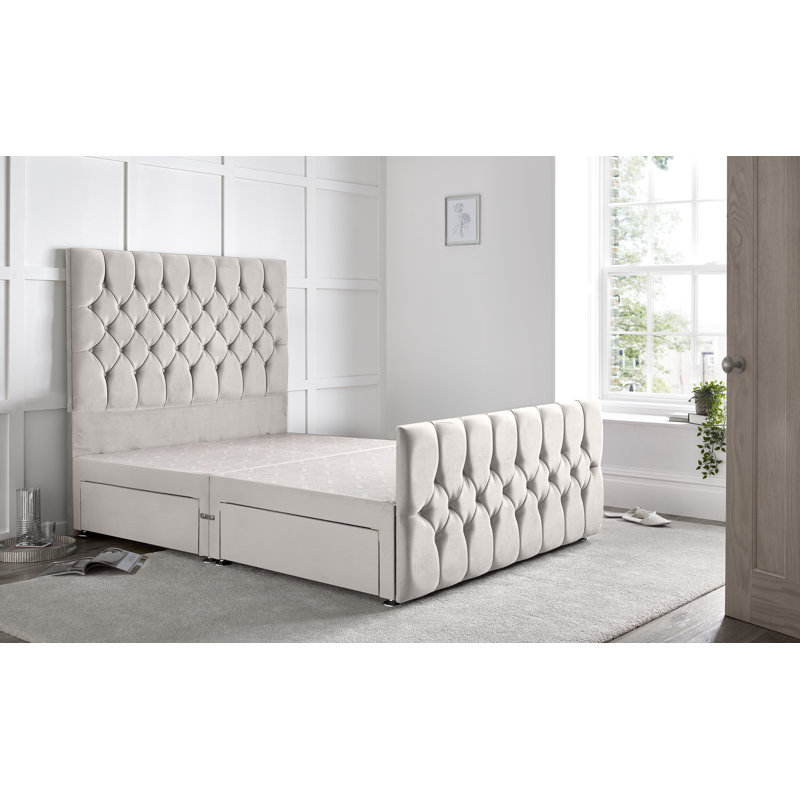 Fleisher Divan Bed with 54" Floorstanding Headboard, Silver, Double (4'6), 2 Foot-end Drawers