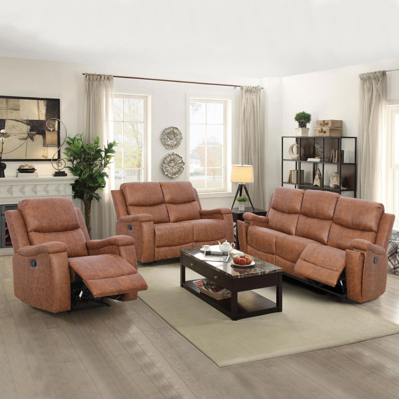 Ilkeston Manual Reclining Faux Leather Living Room Set, Cognac