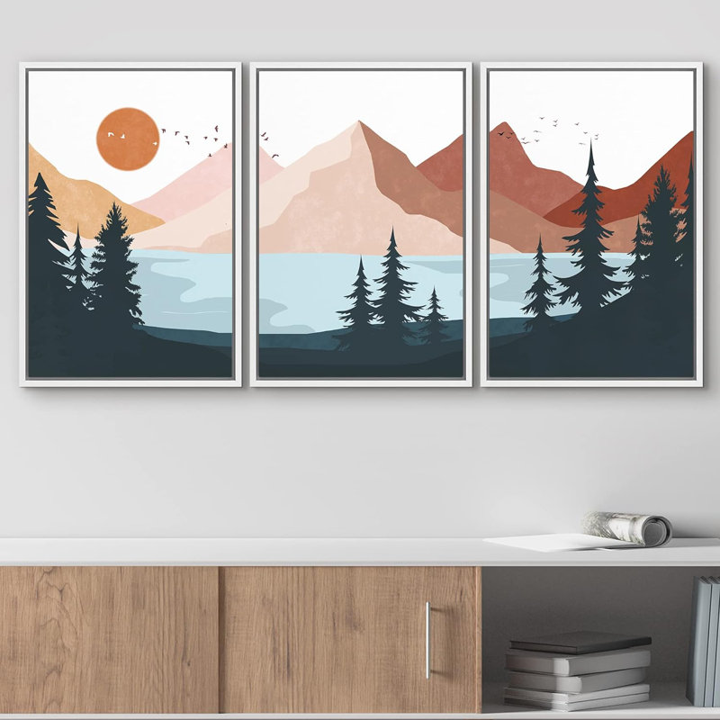 «Sunlight Pastel Mountain Forest» sur toile, reproduction de 3 pièces, H 36 po x l 72 po x P 1,5 po