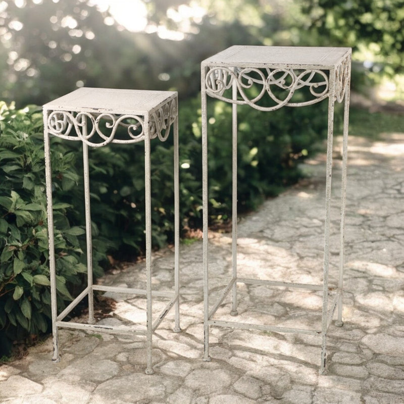 Blue Set Of 2 Metal Plant Stands, Cream